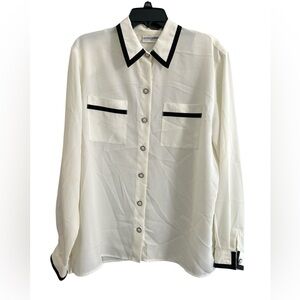 Alfred Dunner Cream Button-Down Shirt with Black Trim
